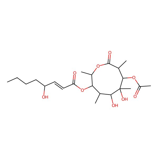 2D Structure of [(2S,3R,4S,5S,6R,7R,8S)-7-acetyloxy-5,6-dihydroxy-2,4,6,8-tetramethyl-9-oxooxonan-3-yl] (E,4R)-4-hydroxyoct-2-enoate