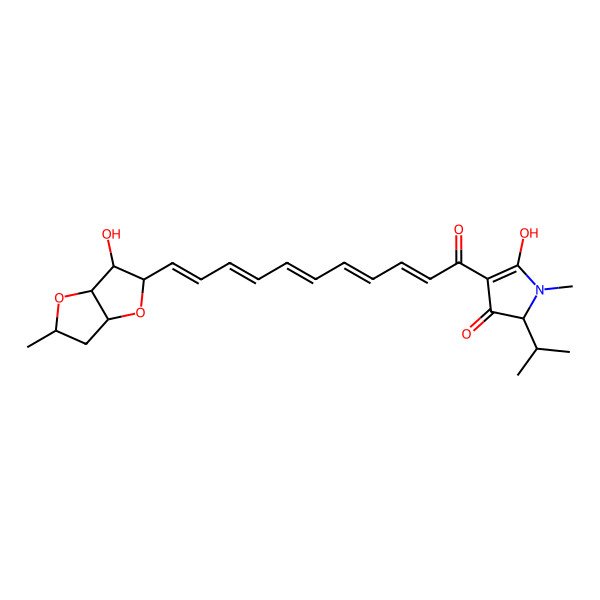 2D Structure of 5-hydroxy-4-[(2E,4E,6E,8E,10E)-11-(6-hydroxy-2-methyl-2,3,3a,5,6,6a-hexahydrofuro[3,2-b]furan-5-yl)undeca-2,4,6,8,10-pentaenoyl]-1-methyl-2-propan-2-yl-2H-pyrrol-3-one