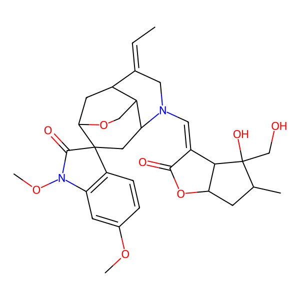 2D Structure of 7-Ethylidene-5-[[4-hydroxy-4-(hydroxymethyl)-5-methyl-2-oxo-3a,5,6,6a-tetrahydrocyclopenta[b]furan-3-ylidene]methyl]-1',6'-dimethoxyspiro[11-oxa-5-azatricyclo[6.3.1.04,9]dodecane-2,3'-indole]-2'-one