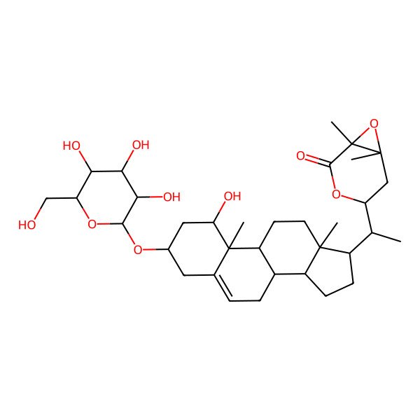 2D Structure of (1S,4R,6S)-4-[(1S)-1-[(1S,3R,8S,9S,10R,13S,14S,17R)-1-hydroxy-10,13-dimethyl-3-[(2R,3R,4S,5S,6R)-3,4,5-trihydroxy-6-(hydroxymethyl)oxan-2-yl]oxy-2,3,4,7,8,9,11,12,14,15,16,17-dodecahydro-1H-cyclopenta[a]phenanthren-17-yl]ethyl]-1,6-dimethyl-3,7-dioxabicyclo[4.1.0]heptan-2-one