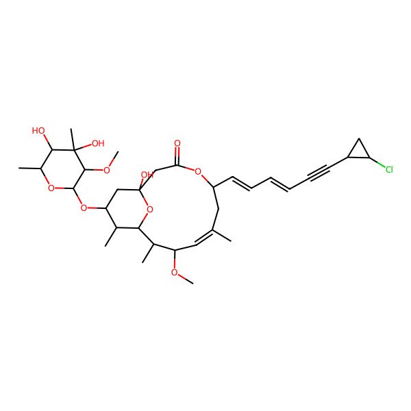 2D Structure of (1S,5R,7E,9R,10R,11R,12R,13S)-5-[(1E,3E)-6-[(1S,2R)-2-chlorocyclopropyl]hexa-1,3-dien-5-ynyl]-13-[(2S,3R,4R,5S,6R)-4,5-dihydroxy-3-methoxy-4,6-dimethyloxan-2-yl]oxy-1-hydroxy-9-methoxy-7,10,12-trimethyl-4,15-dioxabicyclo[9.3.1]pentadec-7-en-3-one