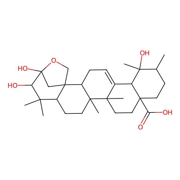 2D Structure of (1S,2S,6S,7R,8R,11S,14S,15R,18R,20R,21S)-7,20,21-trihydroxy-7,8,14,15,19,19-hexamethyl-22-oxahexacyclo[19.2.1.01,18.02,15.05,14.06,11]tetracos-4-ene-11-carboxylic acid