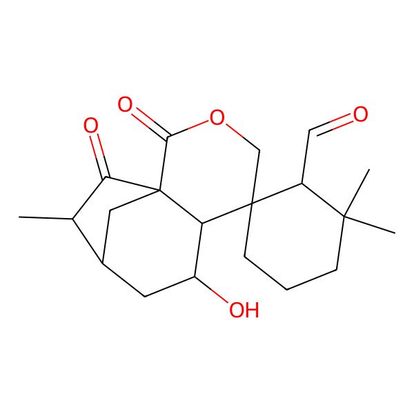 2D Structure of (1S,1'R,5S,6S,7R,9S,10R)-7-hydroxy-2',2',10-trimethyl-2,11-dioxospiro[3-oxatricyclo[7.2.1.01,6]dodecane-5,6'-cyclohexane]-1'-carbaldehyde