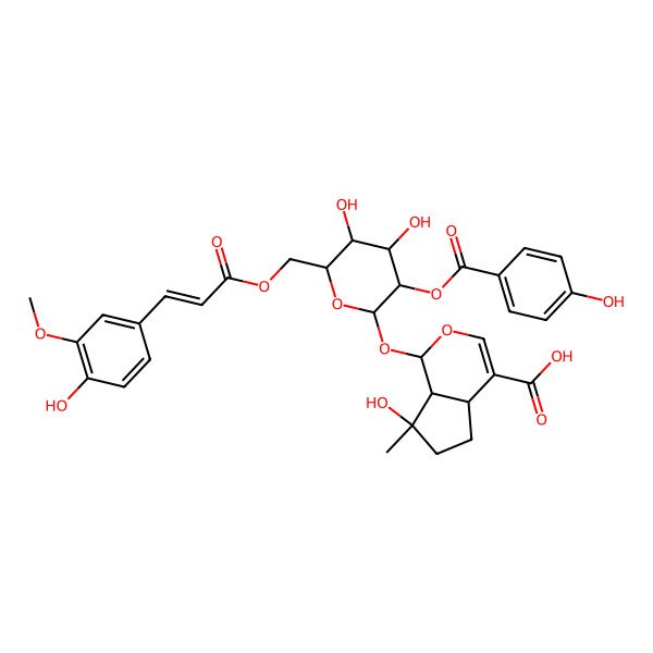 2D Structure of (1S,4aS,7S,7aS)-1-[(2S,3R,4S,5S,6R)-4,5-dihydroxy-3-(4-hydroxybenzoyl)oxy-6-[[(E)-3-(4-hydroxy-3-methoxyphenyl)prop-2-enoyl]oxymethyl]oxan-2-yl]oxy-7-hydroxy-7-methyl-4a,5,6,7a-tetrahydro-1H-cyclopenta[c]pyran-4-carboxylic acid