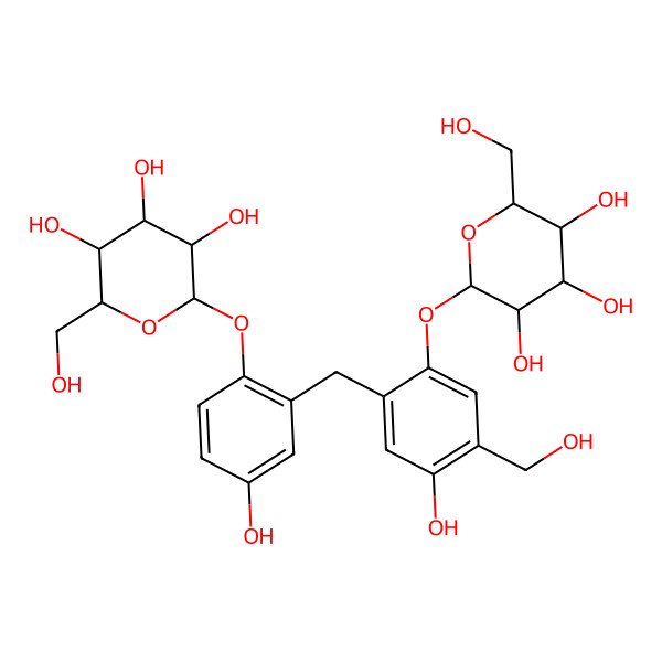 2D Structure of (2S,3R,4S,5S,6R)-2-[4-hydroxy-2-[[5-hydroxy-4-(hydroxymethyl)-2-[(2S,3R,4S,5S,6R)-3,4,5-trihydroxy-6-(hydroxymethyl)oxan-2-yl]oxyphenyl]methyl]phenoxy]-6-(hydroxymethyl)oxane-3,4,5-triol