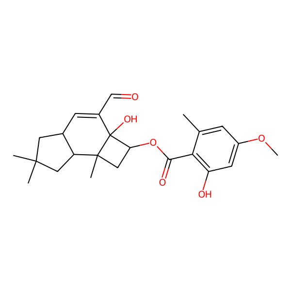 2D Structure of (3-Formyl-2a-hydroxy-6,6,7b-trimethyl-1,2,4a,5,7,7a-hexahydrocyclobuta[e]inden-2-yl) 2-hydroxy-4-methoxy-6-methylbenzoate