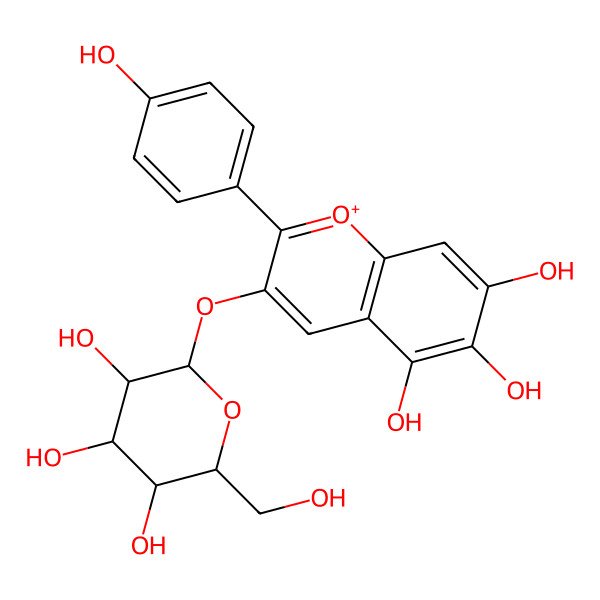 2D Structure of 2-(4-hydroxyphenyl)-3-[(2S,3R,4S,5S,6R)-3,4,5-trihydroxy-6-(hydroxymethyl)oxan-2-yl]oxychromenylium-5,6,7-triol