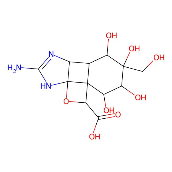 2D Structure of 6-Amino-10,11,12,13-tetrahydroxy-11-(hydroxymethyl)-3-oxa-5,7-diazatetracyclo[7.4.0.01,4.04,8]tridec-6-ene-2-carboxylic acid