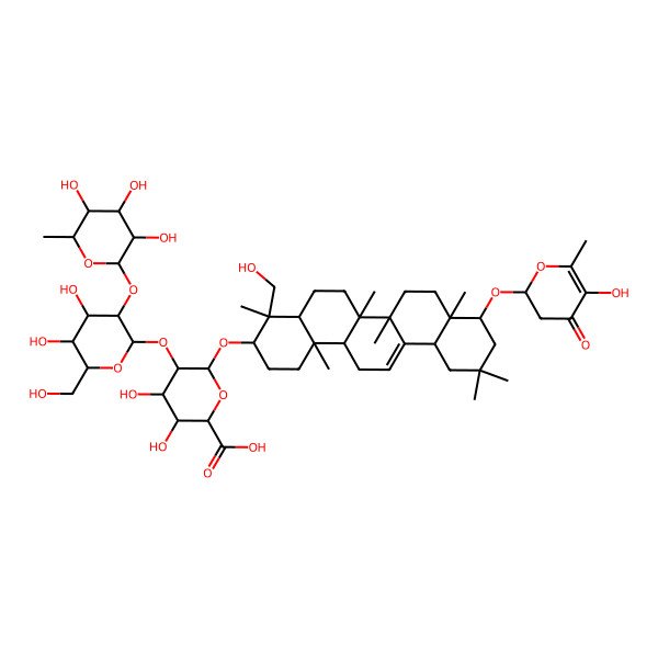 2D Structure of (2S,3S,4S,5R,6R)-6-[[(3S,4S,4aR,6aR,6bS,8aR,9R,12aS,14aR,14bR)-4-(hydroxymethyl)-9-[[(2S)-5-hydroxy-6-methyl-4-oxo-2,3-dihydropyran-2-yl]oxy]-4,6a,6b,8a,11,11,14b-heptamethyl-1,2,3,4a,5,6,7,8,9,10,12,12a,14,14a-tetradecahydropicen-3-yl]oxy]-5-[(2S,3R,4S,5R,6R)-4,5-dihydroxy-6-(hydroxymethyl)-3-[(2S,3R,4R,5R,6S)-3,4,5-trihydroxy-6-methyloxan-2-yl]oxyoxan-2-yl]oxy-3,4-dihydroxyoxane-2-carboxylic acid