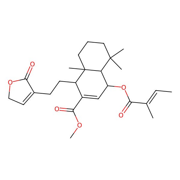 2D Structure of methyl (1R,4S,4aS,8aR)-5,5,8a-trimethyl-4-[(Z)-2-methylbut-2-enoyl]oxy-1-[2-(5-oxo-2H-furan-4-yl)ethyl]-1,4,4a,6,7,8-hexahydronaphthalene-2-carboxylate