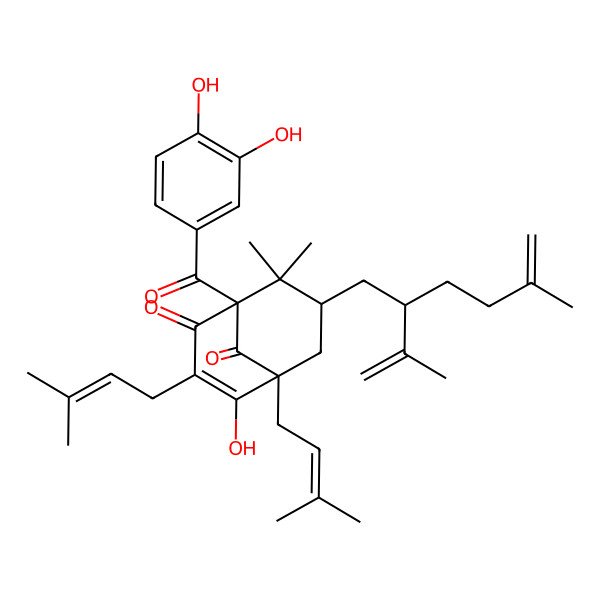 2D Structure of 1-(3,4-Dihydroxybenzoyl)-4-hydroxy-8,8-dimethyl-3,5-bis(3-methylbut-2-enyl)-7-(5-methyl-2-prop-1-en-2-ylhex-5-enyl)bicyclo[3.3.1]non-3-ene-2,9-dione