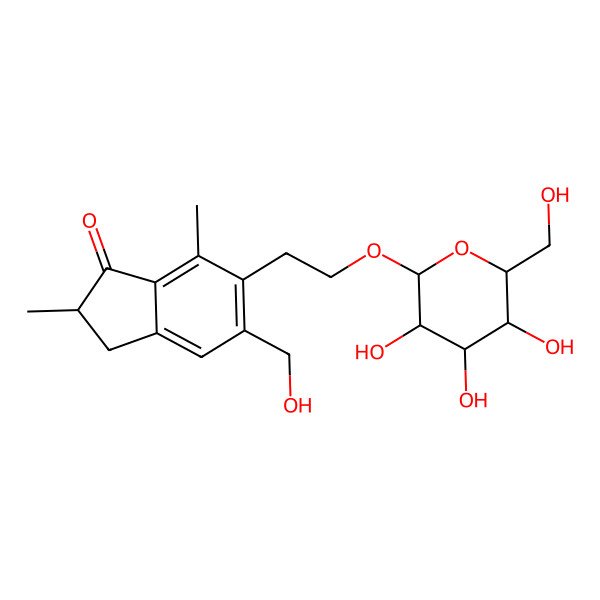 2D Structure of (2S)-5-(hydroxymethyl)-2,7-dimethyl-6-[2-[(2R,3S,4S,5S,6R)-3,4,5-trihydroxy-6-(hydroxymethyl)oxan-2-yl]oxyethyl]-2,3-dihydroinden-1-one