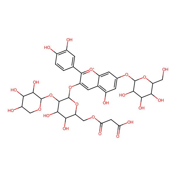 2D Structure of 3-[[(2S,3S,4S,5S,6S)-6-[2-(3,4-dihydroxyphenyl)-5-hydroxy-7-[(2S,3R,4S,5S,6S)-3,4,5-trihydroxy-6-(hydroxymethyl)oxan-2-yl]oxychromenylium-3-yl]oxy-3,4-dihydroxy-5-[(2R,3R,4R,5R)-3,4,5-trihydroxyoxan-2-yl]oxyoxan-2-yl]methoxy]-3-oxopropanoic acid