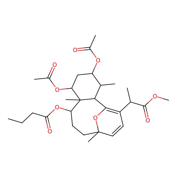 2D Structure of [4,6-Diacetyloxy-14-(1-methoxy-1-oxopropan-2-yl)-3,7,11-trimethyl-15-oxatricyclo[9.3.1.02,7]pentadeca-1(14),12-dien-8-yl] butanoate