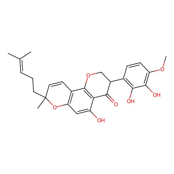 2D Structure of (3S,8S)-3-(2,3-dihydroxy-4-methoxyphenyl)-5-hydroxy-8-methyl-8-(4-methylpent-3-enyl)-2,3-dihydropyrano[2,3-h]chromen-4-one