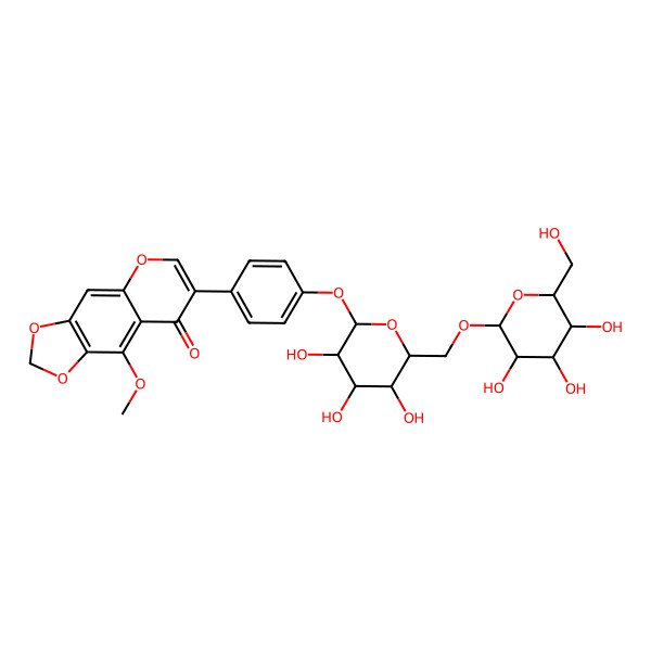 2D Structure of 9-Methoxy-7-[4-[3,4,5-trihydroxy-6-[[3,4,5-trihydroxy-6-(hydroxymethyl)oxan-2-yl]oxymethyl]oxan-2-yl]oxyphenyl]-[1,3]dioxolo[4,5-g]chromen-8-one