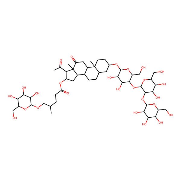 2D Structure of [(3S,5S,8R,9S,10S,13S,14S,16S,17R)-17-acetyl-3-[(2R,3R,4R,5R,6R)-5-[(2S,3R,4S,5S,6R)-4,5-dihydroxy-6-(hydroxymethyl)-3-[(2S,3R,4S,5S,6R)-3,4,5-trihydroxy-6-(hydroxymethyl)oxan-2-yl]oxyoxan-2-yl]oxy-3,4-dihydroxy-6-(hydroxymethyl)oxan-2-yl]oxy-10,13-dimethyl-12-oxo-1,2,3,4,5,6,7,8,9,11,14,15,16,17-tetradecahydrocyclopenta[a]phenanthren-16-yl] (4R)-4-methyl-5-[(2S,3R,4S,5S,6R)-3,4,5-trihydroxy-6-(hydroxymethyl)oxan-2-yl]oxypentanoate