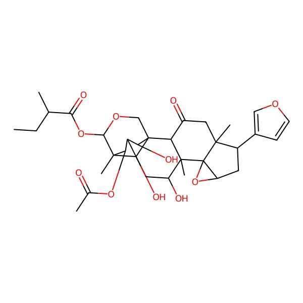 2D Structure of [(1S,2R,5S,6S,8R,10R,11S,12R,14R,15R,16R,19R,20R,21S)-21-acetyloxy-6-(furan-3-yl)-12,19,20-trihydroxy-5,11,15-trimethyl-3-oxo-9,17-dioxahexacyclo[13.3.3.01,14.02,11.05,10.08,10]henicosan-16-yl] (2R)-2-methylbutanoate