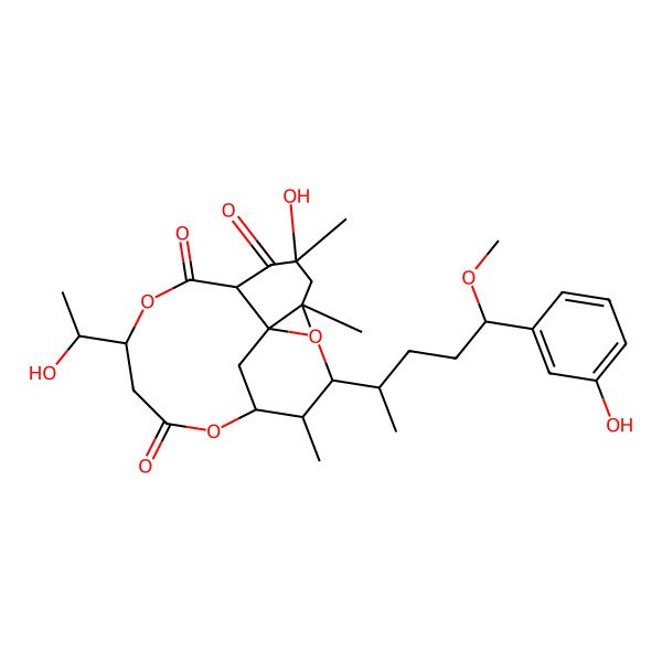2D Structure of 4-Hydroxy-9-(1-hydroxyethyl)-15-[5-(3-hydroxyphenyl)-5-methoxypentan-2-yl]-2,2,4,14-tetramethyl-8,12,16-trioxatricyclo[11.3.1.01,6]heptadecane-5,7,11-trione