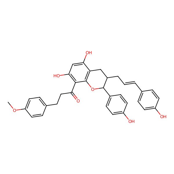 2D Structure of 1-[5,7-dihydroxy-2-(4-hydroxyphenyl)-3-[3-(4-hydroxyphenyl)prop-2-enyl]-3,4-dihydro-2H-chromen-8-yl]-3-(4-methoxyphenyl)propan-1-one