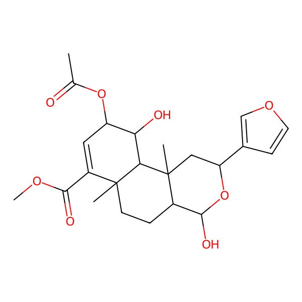 2D Structure of methyl (2S,4R,4aR,6aR,9S,10R,10aR,10bR)-9-acetyloxy-2-(furan-3-yl)-4,10-dihydroxy-6a,10b-dimethyl-2,4,4a,5,6,9,10,10a-octahydro-1H-benzo[f]isochromene-7-carboxylate