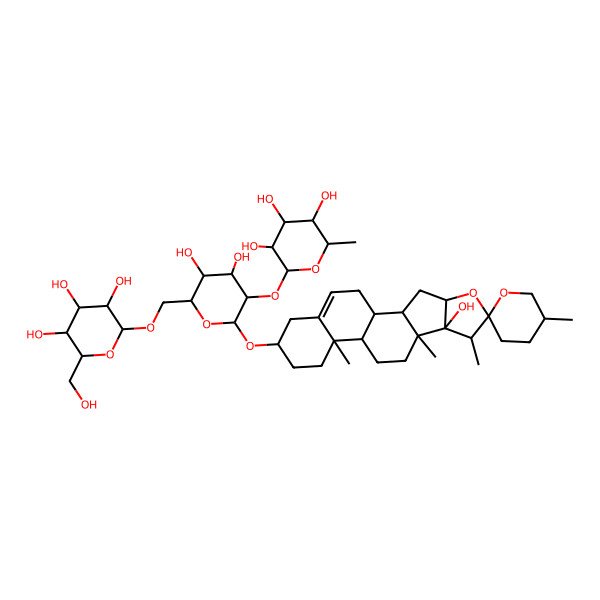 2D Structure of (2S,3R,4R,5R,6S)-2-[(2R,3R,4S,5S,6R)-4,5-dihydroxy-2-[(1R,2S,4S,5'R,6R,7S,8S,9S,12S,13R,16S)-8-hydroxy-5',7,9,13-tetramethylspiro[5-oxapentacyclo[10.8.0.02,9.04,8.013,18]icos-18-ene-6,2'-oxane]-16-yl]oxy-6-[[(2R,3R,4S,5S,6R)-3,4,5-trihydroxy-6-(hydroxymethyl)oxan-2-yl]oxymethyl]oxan-3-yl]oxy-6-methyloxane-3,4,5-triol