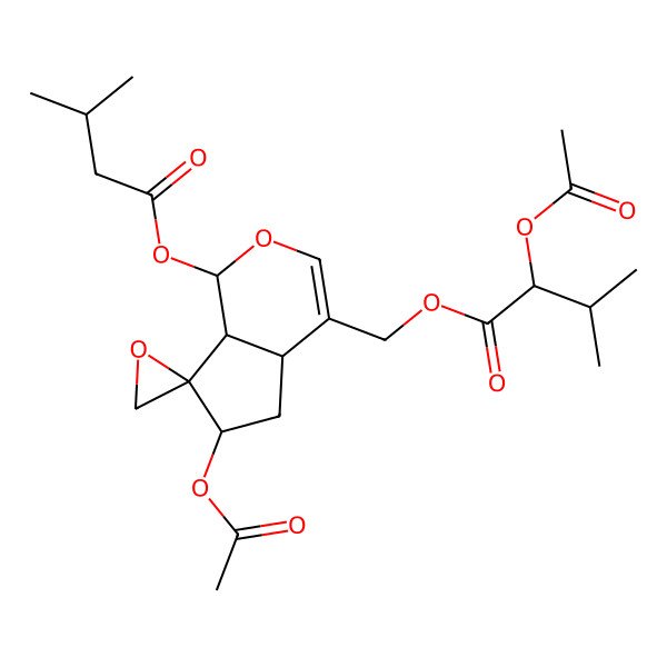 2D Structure of [6-acetyloxy-1-(3-methylbutanoyloxy)spiro[4a,5,6,7a-tetrahydro-1H-cyclopenta[c]pyran-7,2'-oxirane]-4-yl]methyl 2-acetyloxy-3-methylbutanoate