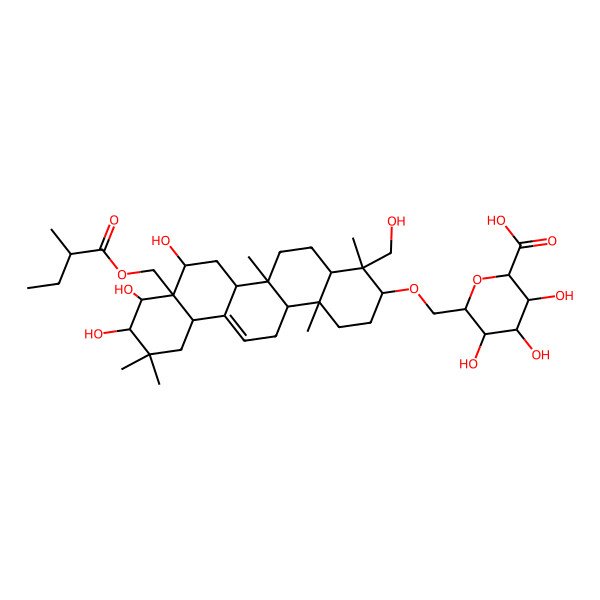 2D Structure of (2S,3S,4R,5R,6S)-6-[[(3S,4R,4aR,6aR,6bS,8S,8aR,9R,10R,12aS,14aS,14bR)-8,9,10-trihydroxy-4-(hydroxymethyl)-4,6a,11,11,14b-pentamethyl-8a-[[(2R)-2-methylbutanoyl]oxymethyl]-2,3,4a,5,6,6b,7,8,9,10,12,12a,14,14a-tetradecahydro-1H-picen-3-yl]oxymethyl]-3,4,5-trihydroxyoxane-2-carboxylic acid