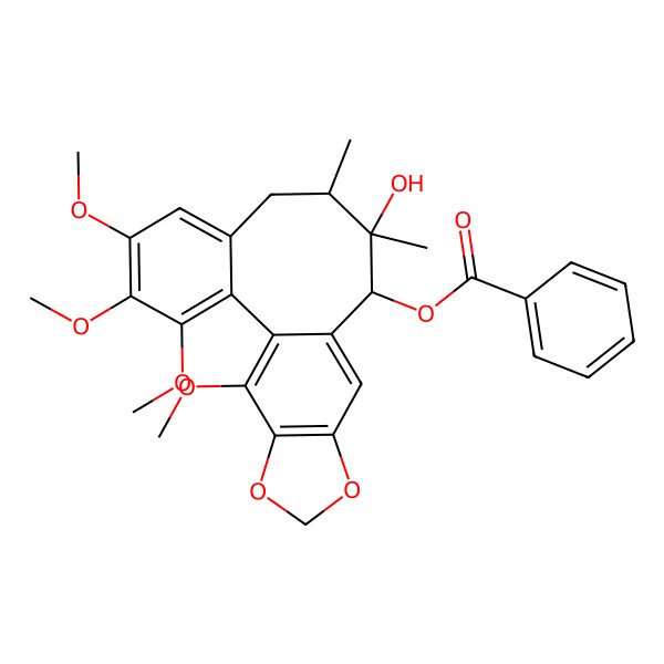 2D Structure of (10-Hydroxy-3,4,5,19-tetramethoxy-9,10-dimethyl-15,17-dioxatetracyclo[10.7.0.02,7.014,18]nonadeca-1(19),2,4,6,12,14(18)-hexaen-11-yl) benzoate