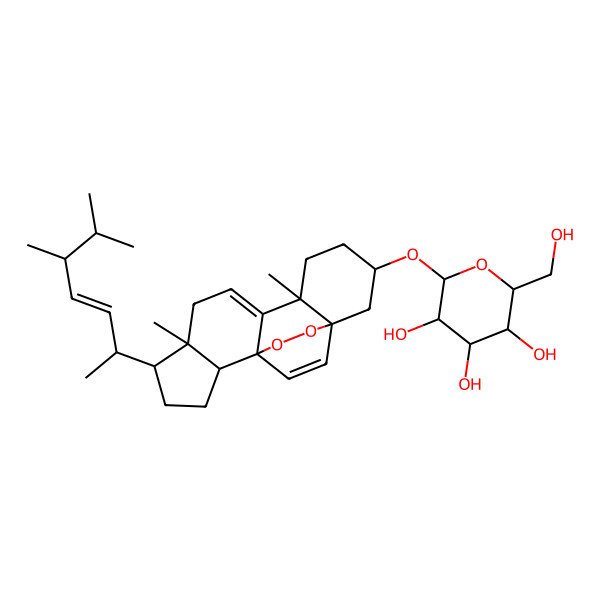 2D Structure of 2-[[5-(5,6-Dimethylhept-3-en-2-yl)-6,10-dimethyl-16,17-dioxapentacyclo[13.2.2.01,9.02,6.010,15]nonadeca-8,18-dien-13-yl]oxy]-6-(hydroxymethyl)oxane-3,4,5-triol