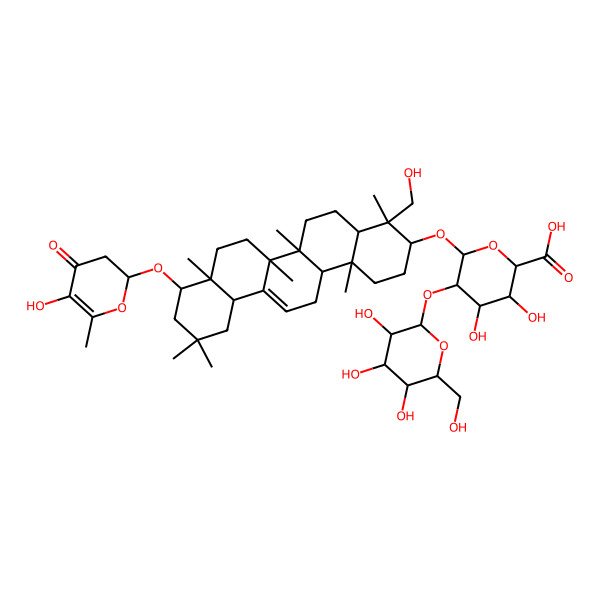 2D Structure of (2S,3S,4S,5R,6R)-6-[[(3S,4S,4aR,6aR,6bS,8aR,9R,12aS,14aR,14bR)-4-(hydroxymethyl)-9-[[(2R)-5-hydroxy-6-methyl-4-oxo-2,3-dihydropyran-2-yl]oxy]-4,6a,6b,8a,11,11,14b-heptamethyl-1,2,3,4a,5,6,7,8,9,10,12,12a,14,14a-tetradecahydropicen-3-yl]oxy]-3,4-dihydroxy-5-[(2S,3R,4S,5S,6R)-3,4,5-trihydroxy-6-(hydroxymethyl)oxan-2-yl]oxyoxane-2-carboxylic acid