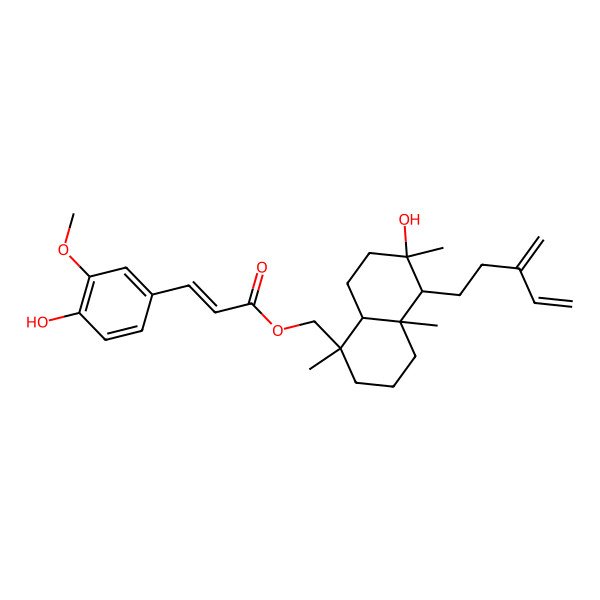 2D Structure of [(1S,4aS,5R,6R,8aR)-6-hydroxy-1,4a,6-trimethyl-5-(3-methylidenepent-4-enyl)-3,4,5,7,8,8a-hexahydro-2H-naphthalen-1-yl]methyl (E)-3-(4-hydroxy-3-methoxyphenyl)prop-2-enoate