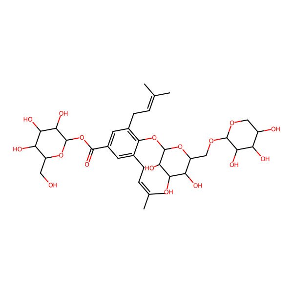 2D Structure of [3,4,5-Trihydroxy-6-(hydroxymethyl)oxan-2-yl] 3,5-bis(3-methylbut-2-enyl)-4-[3,4,5-trihydroxy-6-[(3,4,5-trihydroxyoxan-2-yl)oxymethyl]oxan-2-yl]oxybenzoate
