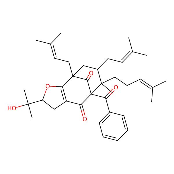 2D Structure of (1R,4S,8R,9R,10S)-8-benzoyl-4-(2-hydroxypropan-2-yl)-9-methyl-1,10-bis(3-methylbut-2-enyl)-9-(4-methylpent-3-enyl)-3-oxatricyclo[6.3.1.02,6]dodec-2(6)-ene-7,12-dione