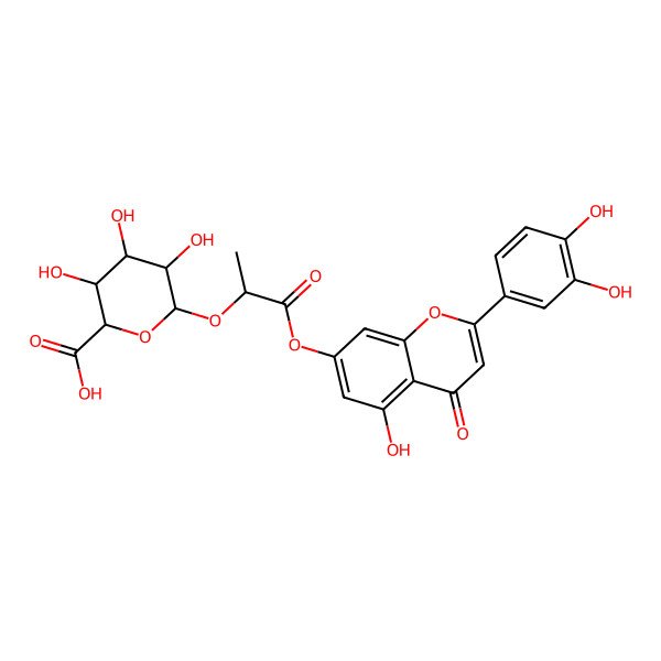 2D Structure of (3R,4R,5S,6S)-6-[1-[2-(3,4-dihydroxyphenyl)-5-hydroxy-4-oxochromen-7-yl]oxy-1-oxopropan-2-yl]oxy-3,4,5-trihydroxyoxane-2-carboxylic acid