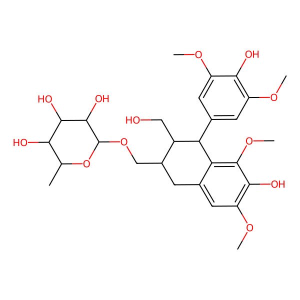 2D Structure of (2R,3R,4R,5R,6S)-2-[[(2R,3R,4S)-6-hydroxy-4-(4-hydroxy-3,5-dimethoxyphenyl)-3-(hydroxymethyl)-5,7-dimethoxy-1,2,3,4-tetrahydronaphthalen-2-yl]methoxy]-6-methyloxane-3,4,5-triol
