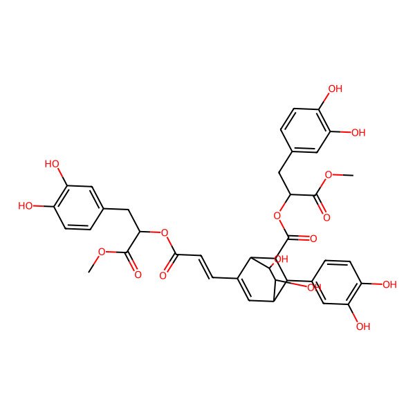 2D Structure of [(2S)-3-(3,4-dihydroxyphenyl)-1-methoxy-1-oxopropan-2-yl] (1S,2R,3S,4S,7R,8S)-3-(3,4-dihydroxyphenyl)-6-[(E)-3-[(2S)-3-(3,4-dihydroxyphenyl)-1-methoxy-1-oxopropan-2-yl]oxy-3-oxoprop-1-enyl]-7,8-dihydroxybicyclo[2.2.2]oct-5-ene-2-carboxylate