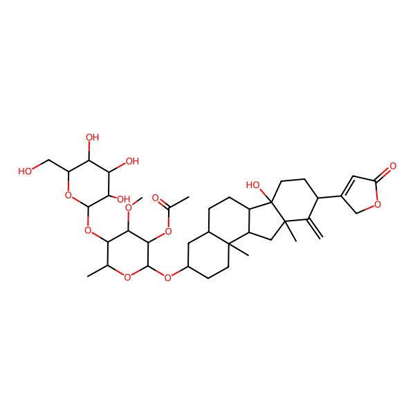 2D Structure of [(2R,3S,4R,5S,6S)-2-[[(3S,4aR,6aR,6bS,9S,10aR,11aS,11bS)-6b-hydroxy-10a,11b-dimethyl-10-methylidene-9-(5-oxo-2H-furan-3-yl)-2,3,4,4a,5,6,6a,7,8,9,11,11a-dodecahydro-1H-benzo[a]fluoren-3-yl]oxy]-4-methoxy-6-methyl-5-[(2S,3R,4S,5S,6R)-3,4,5-trihydroxy-6-(hydroxymethyl)oxan-2-yl]oxyoxan-3-yl] acetate