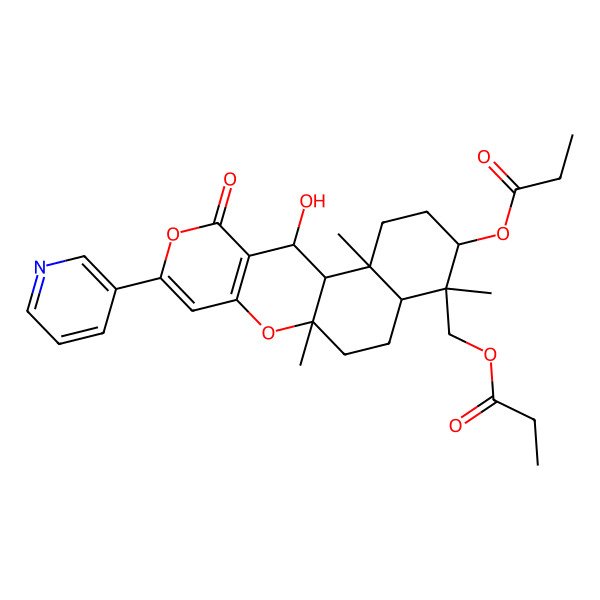 2D Structure of (18-Hydroxy-2,6,10-trimethyl-16-oxo-5-propanoyloxy-14-pyridin-3-yl-11,15-dioxatetracyclo[8.8.0.02,7.012,17]octadeca-12(17),13-dien-6-yl)methyl propanoate