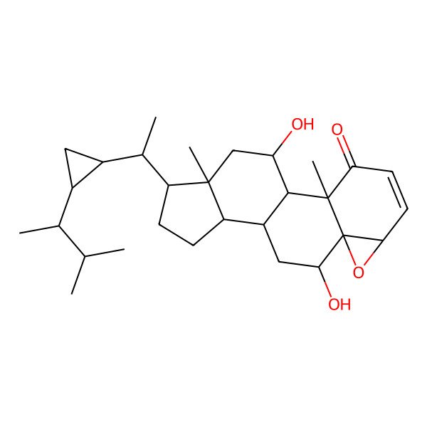 2D Structure of 9,18-Dihydroxy-2,16-dimethyl-15-[1-[2-(3-methylbutan-2-yl)cyclopropyl]ethyl]-7-oxapentacyclo[9.7.0.02,8.06,8.012,16]octadec-4-en-3-one