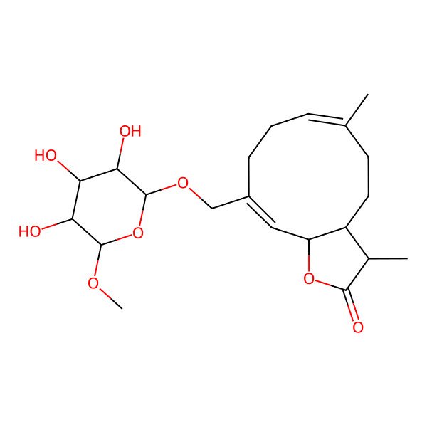 2D Structure of 3,6-dimethyl-10-[(3,4,5-trihydroxy-6-methoxyoxan-2-yl)oxymethyl]-3a,4,5,8,9,11a-hexahydro-3H-cyclodeca[b]furan-2-one