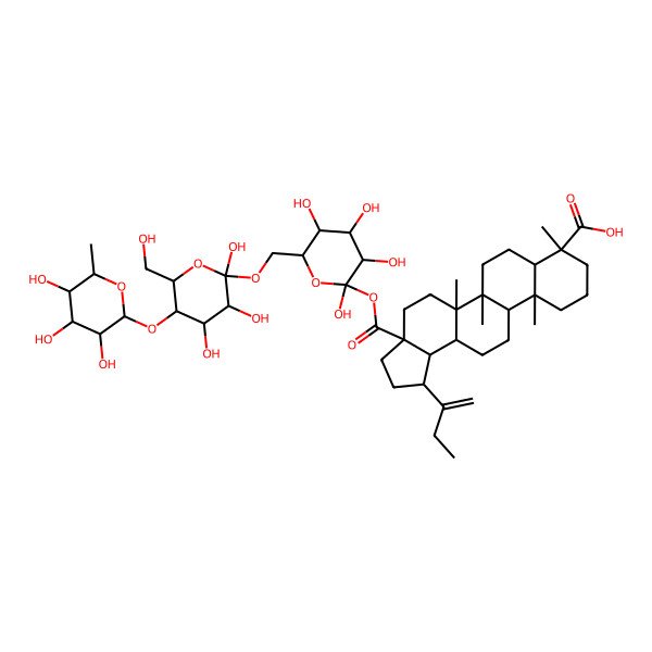 2D Structure of (1R,3aS,5aR,5bR,7aR,8R,11aR,11bR,13aR,13bR)-1-but-1-en-2-yl-5a,5b,8,11a-tetramethyl-3a-[(2R,3S,5S)-2,3,4,5-tetrahydroxy-6-[[(2S,3S,5S)-2,3,4-trihydroxy-6-(hydroxymethyl)-5-[(3S,4S,5S,6R)-3,4,5-trihydroxy-6-methyloxan-2-yl]oxyoxan-2-yl]oxymethyl]oxan-2-yl]oxycarbonyl-1,2,3,4,5,6,7,7a,9,10,11,11b,12,13,13a,13b-hexadecahydrocyclopenta[a]chrysene-8-carboxylic acid