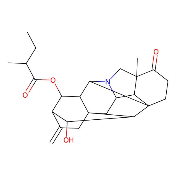 2D Structure of [(1S,5R,8R,9S,10S,11R,14R,16S,17S,18R,19R)-19-hydroxy-5-methyl-12-methylidene-4-oxo-7-azaheptacyclo[9.6.2.01,8.05,17.07,16.09,14.014,18]nonadecan-10-yl] (2S)-2-methylbutanoate