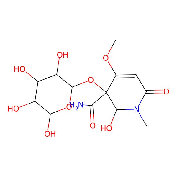 2D Structure of (2S,3R)-2-hydroxy-4-methoxy-1-methyl-6-oxo-3-[(2R,3R,4S,5S,6S)-3,4,5,6-tetrahydroxyoxan-2-yl]oxy-2H-pyridine-3-carboxamide
