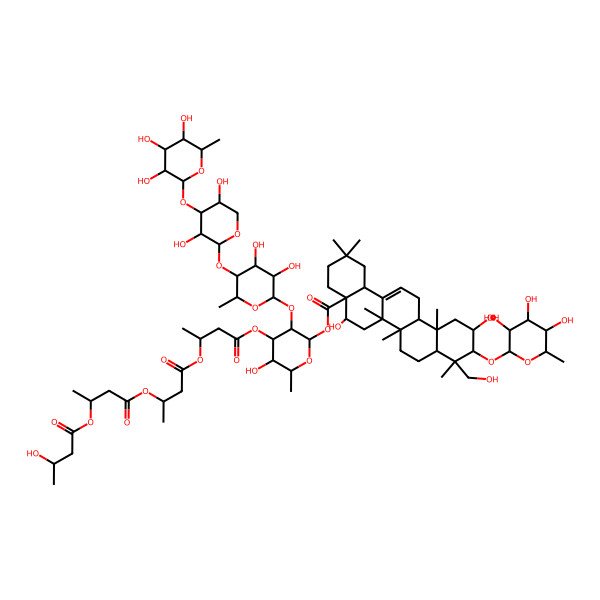 2D Structure of [(2R,3R,4S,5S,6R)-3-[(2S,3R,4S,5R,6S)-5-[(2S,3R,4S,5R)-3,5-dihydroxy-4-[(2S,3R,4R,5R,6S)-3,4,5-trihydroxy-6-methyloxan-2-yl]oxyoxan-2-yl]oxy-3,4-dihydroxy-6-methyloxan-2-yl]oxy-5-hydroxy-4-[(3S)-3-[(3S)-3-[(3S)-3-[(3S)-3-hydroxybutanoyl]oxybutanoyl]oxybutanoyl]oxybutanoyl]oxy-6-methyloxan-2-yl] (4aR,5R,6aR,6aS,6bR,8aR,9R,10R,11S,12aR,14bS)-5,11-dihydroxy-9-(hydroxymethyl)-2,2,6a,6b,9,12a-hexamethyl-10-[(2S,3R,4R,5R,6S)-3,4,5-trihydroxy-6-methyloxan-2-yl]oxy-1,3,4,5,6,6a,7,8,8a,10,11,12,13,14b-tetradecahydropicene-4a-carboxylate