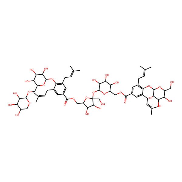 2D Structure of [6-[5-[[3,5-Bis(3-methylbut-2-enyl)-4-[3,4,5-trihydroxy-6-[(3,4,5-trihydroxyoxan-2-yl)oxymethyl]oxan-2-yl]oxybenzoyl]oxymethyl]-3,4-dihydroxy-2-(hydroxymethyl)oxolan-2-yl]oxy-3,4,5-trihydroxyoxan-2-yl]methyl 3,5-bis(3-methylbut-2-enyl)-4-[3,4,5-trihydroxy-6-(hydroxymethyl)oxan-2-yl]oxybenzoate