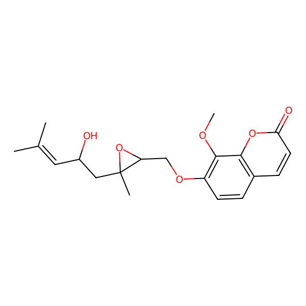 2D Structure of 7-[[(2R,3R)-3-[(2R)-2-hydroxy-4-methylpent-3-enyl]-3-methyloxiran-2-yl]methoxy]-8-methoxychromen-2-one