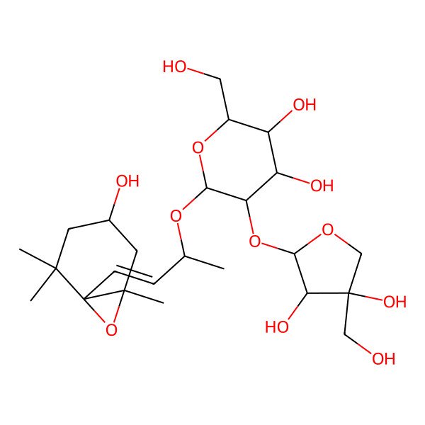 2D Structure of (2R,3S,4S,5R,6R)-5-[(2R,3R,4S)-3,4-dihydroxy-4-(hydroxymethyl)oxolan-2-yl]oxy-2-(hydroxymethyl)-6-[(E,2R)-4-[(1S,4S,6R)-4-hydroxy-2,2,6-trimethyl-7-oxabicyclo[4.1.0]heptan-1-yl]but-3-en-2-yl]oxyoxane-3,4-diol