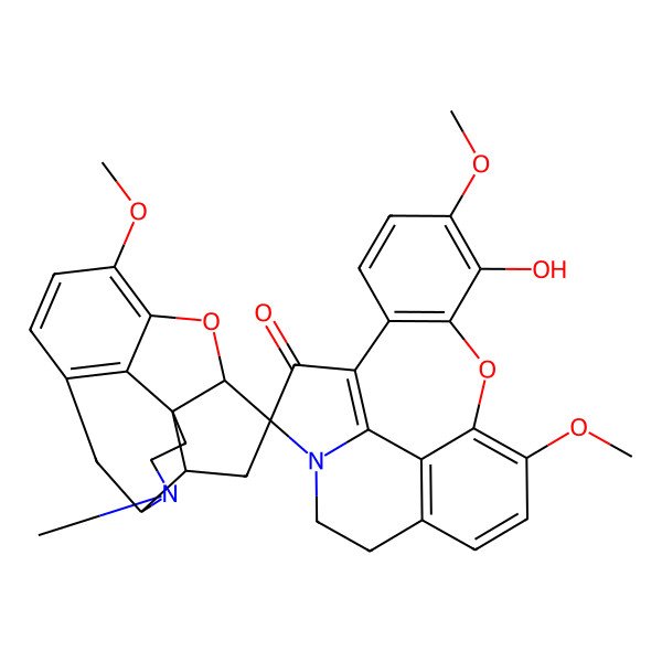 2D Structure of Spiro(benzo(2,3)(1)benzoxepino(6,5,4-ghi)indolizine-12(11H),6'(6'ah)-(4,11)methanobenzofuro(3',2':2,3)cyclopenta(1,2-C)pyridin)-11-one, 1,1',2,2',3',4',4'a,5'-octahydro-7-hydroxy-5,8,8'-trimethoxy-3'-methyl-, (4'S,4'as,6'S,6'as,11'br)-