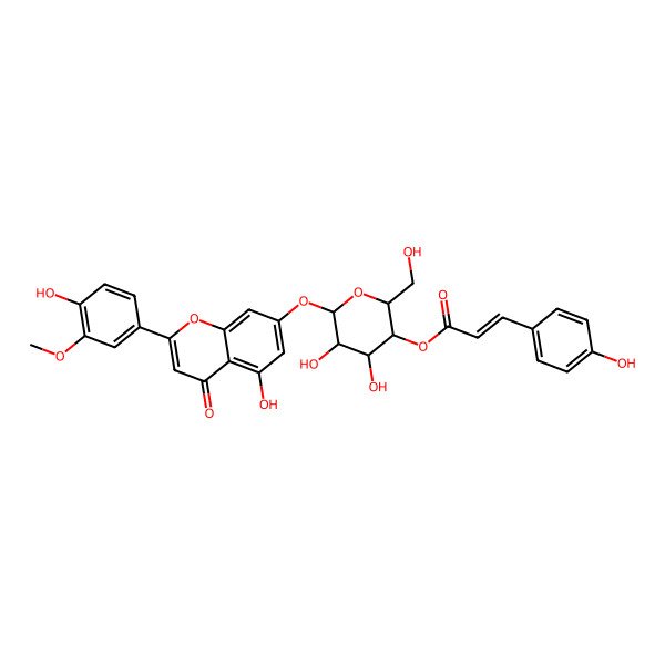 2D Structure of [4,5-Dihydroxy-6-[5-hydroxy-2-(4-hydroxy-3-methoxyphenyl)-4-oxochromen-7-yl]oxy-2-(hydroxymethyl)oxan-3-yl] 3-(4-hydroxyphenyl)prop-2-enoate